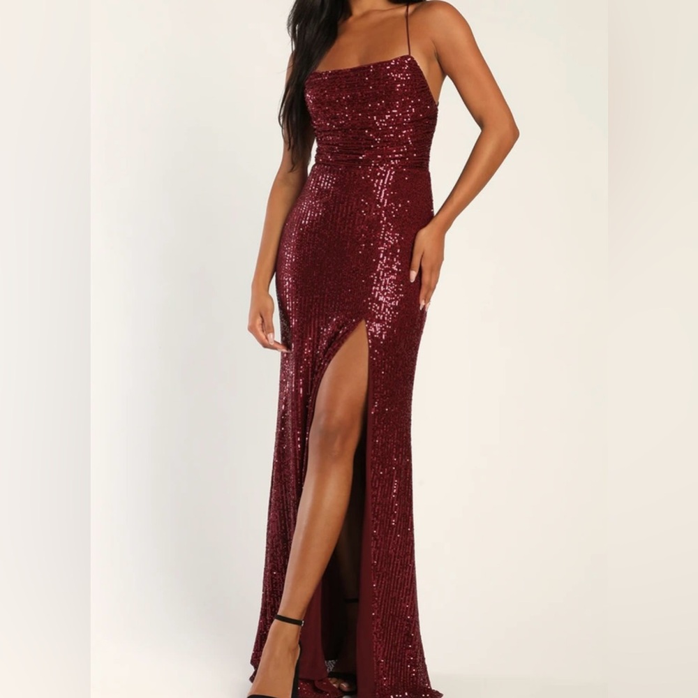 LuLus Evenings of Elegance Burgundy Sequin
Lace-Up Maxi Dress